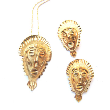 Collier et boucles d'oreilles Masque Africain plaqué or